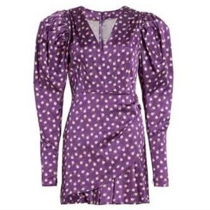 CINQ À SEPT Micro Floral Mini Sheath Wrap Dress Long Puff Sleeve Women‎ 6 Purple